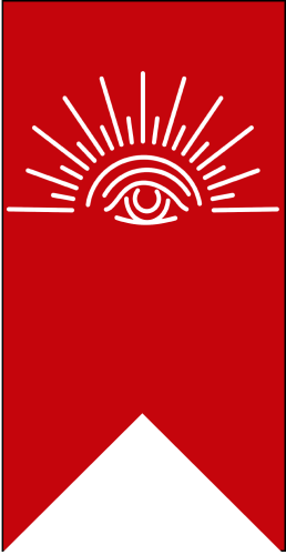 White outline of the Numen Lumen seal on a red banner