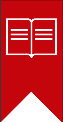 White outline of an open book on a red banner