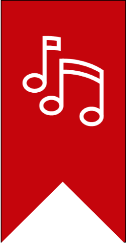 White outline of music notes on a red banner