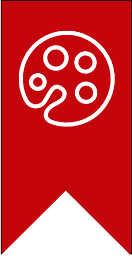 White outline of a paint tray on a red banner.