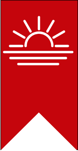 White outline of a sun rising above water on a red banner