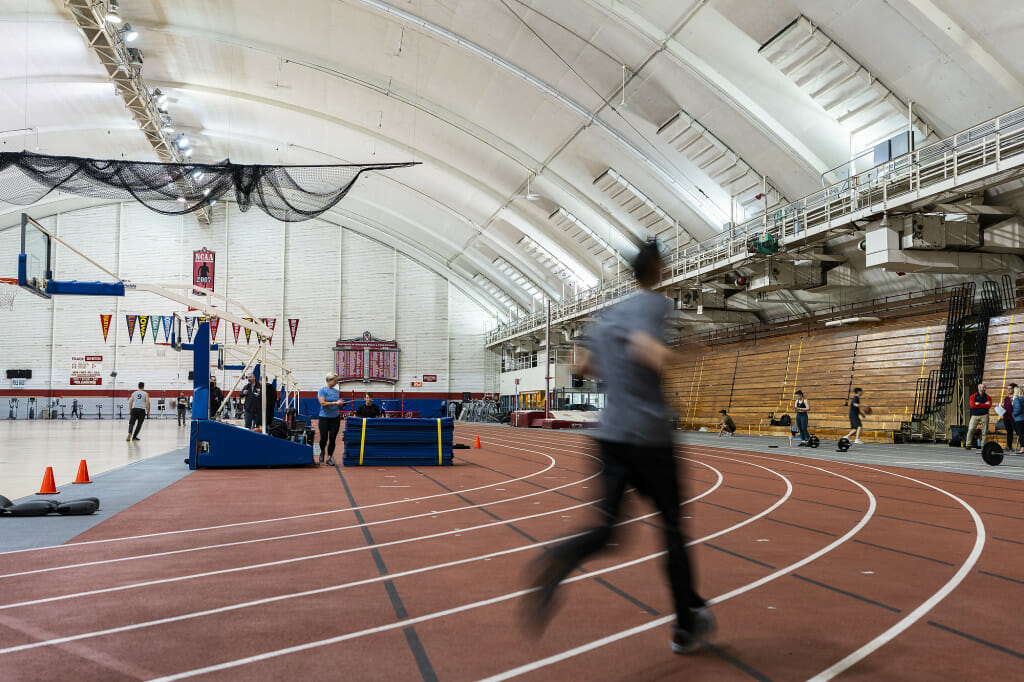 A runner takes one last jog on the Shell indoor track.