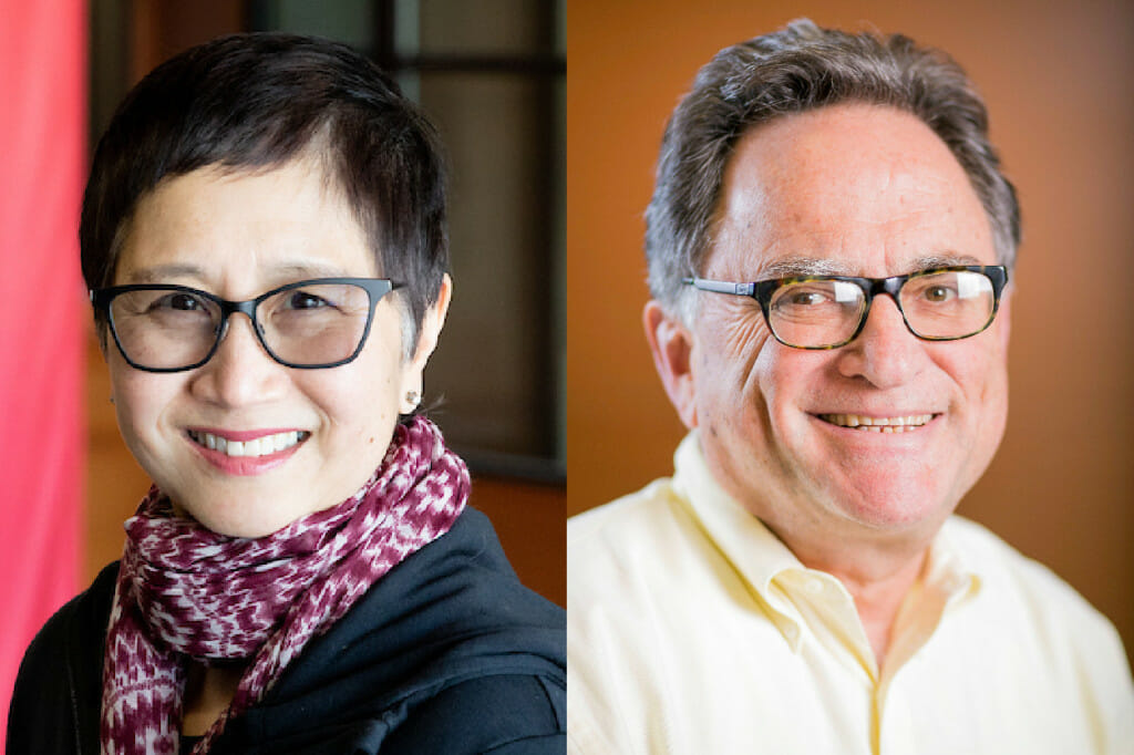 Two headshots side by side. On the left, Stacy J. Lee smiles to the camera. She has short dark hair and glasses and is wearing a red and white silk scarf around her neck. On the right, Miron Livny smiles to the camera. He has short brown and gray hair and glasses. He is wearing a light yellow button-down shirt.