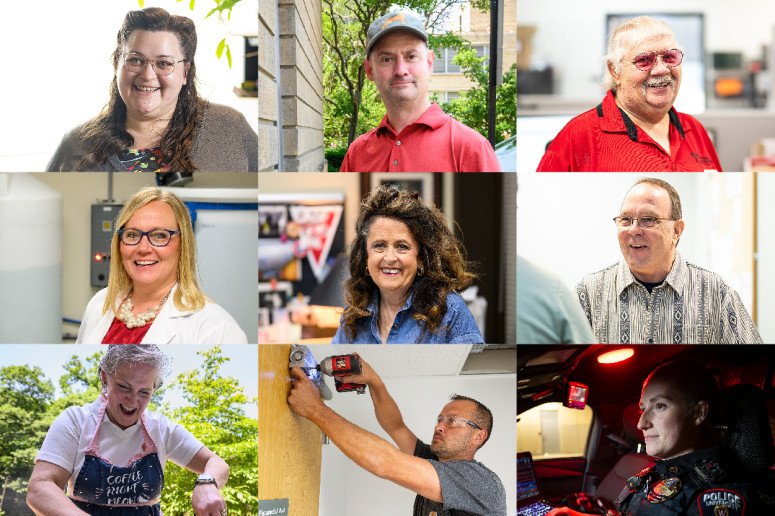 A compilation photo with headshots of nine of the ten 2023 University Staff Recognition Award winners.