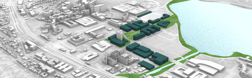 3D concept map of new buildings on the western side of UW's campus.
