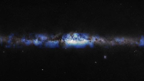 An artist’s composition of the Milky Way seen through a neutrino lens (blue).