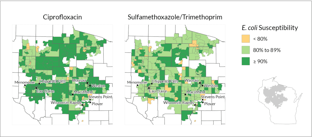 A map has dark green, light green and yellow areas to depict how well antibiotics work in those areas.