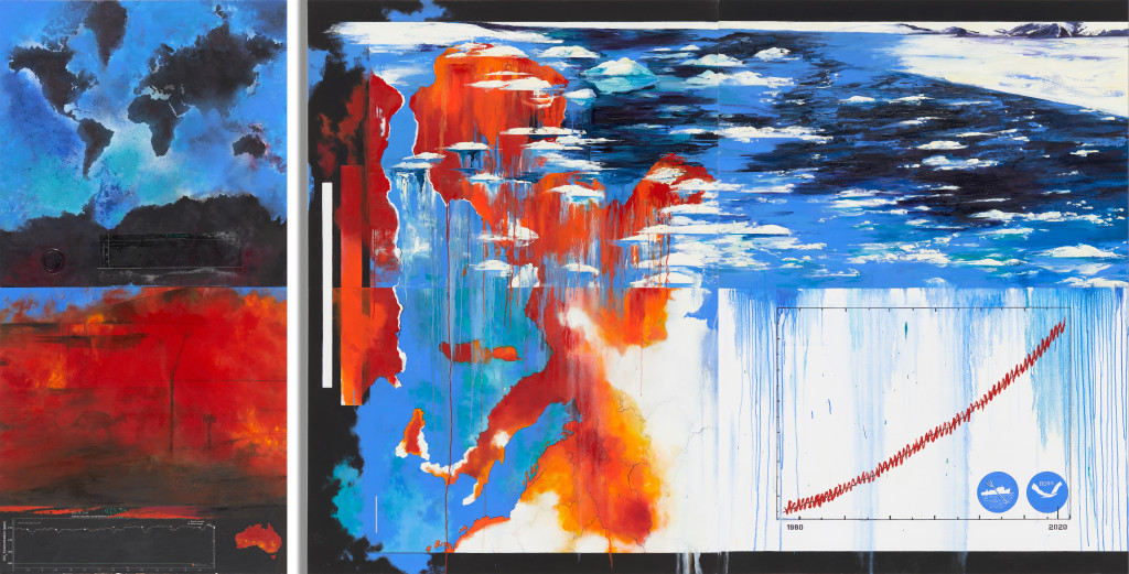 A painting depicts red, orange and blue motifs of wildfires and melting glaciers that overlap with maps that appear to drip over a graph of global atmospheric carbon dioxide levels. It’s not just art and science side-by-side or pretty colors added to a graph; the two are combined to tell a larger story that makes people stop and think about climate change.