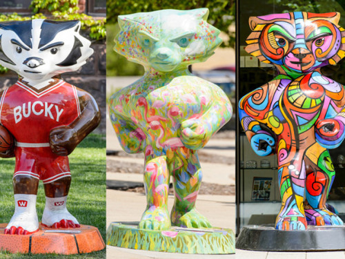 Three of the Bucky on Parade statues featuring themes of basketball, flamingos and Picasso.
