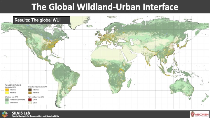 A world map identifies areas of wildland-urban interface.