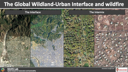 A compilation of satellite images shows the different kind of WUI that exist, the interface, where buildings are directly adjacent to wildland vegetation and the intermix, where wildland vegetation is mixed between homes and buildings.