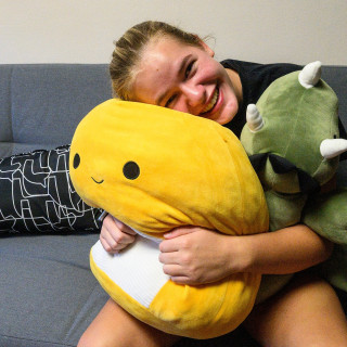 A new student's younger sister hugs a yellow plushie and smiles at the camera.