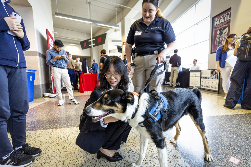 A woman pets a dog.