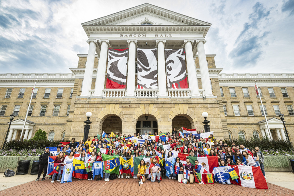 Members of the UW–Madison Latinx community line up for a photograph once they arrived at the top of Bascom Hill.