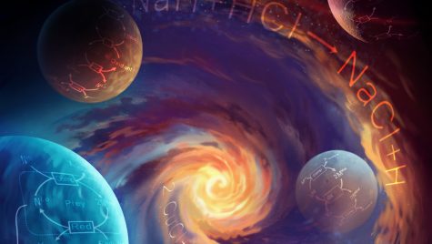 In an artist's rendering, a swirl of planets in blue and orange hues spiral toward a bright orange vortex in the center of the image. Chemical formulas appear written on the planets.