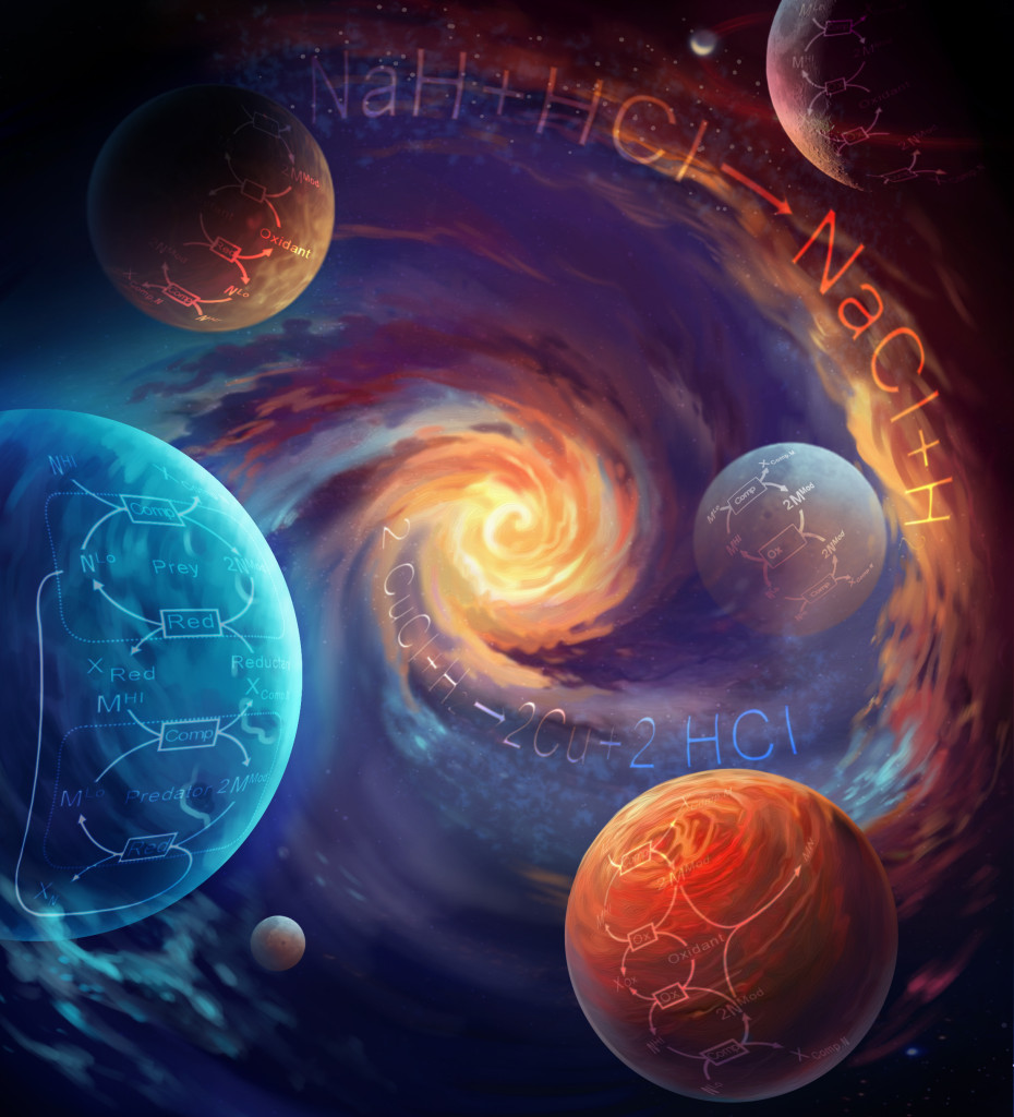 In an artist's rendering, a swirl of planets in blue and orange hues spiral toward a bright orange vortex in the center of the image. Chemical formulas appear written on the planets.