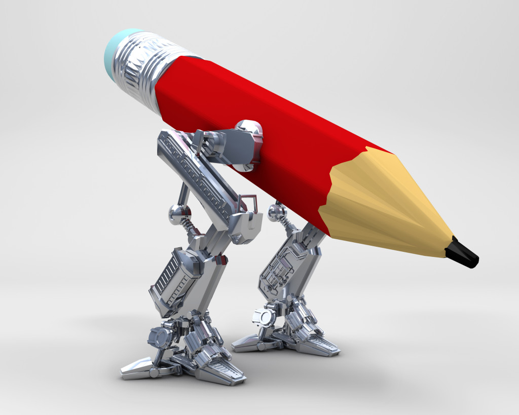 In this photo-realistic illustration, a pair of robotic metal legs support a red pencil, as though poised to write.