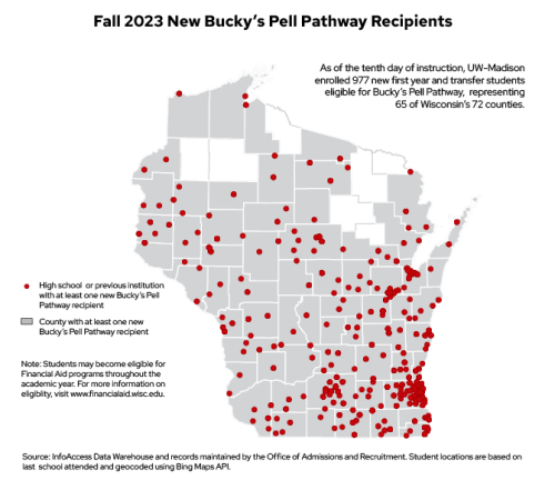A gray county map of Wisconsin with red dots representing the home towns of students receiving Bucky's Pell Pathway and who are coming to UW from high school or a previous academic institution. Students are coming from 65 of Wisconsin's 72 counties, with the largest concentration of students coming from southeast Wisconsin.