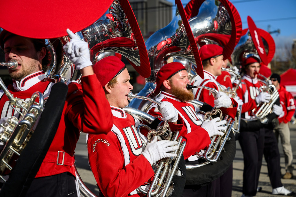 A small group of Badger band members play the tuba.