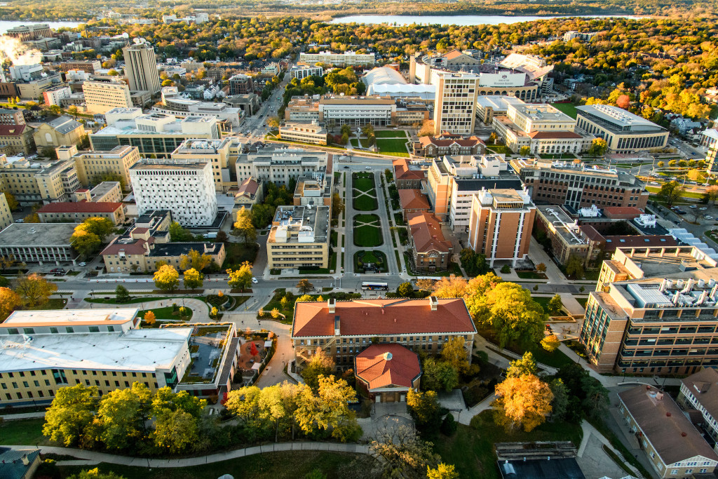 An aerial view of the University of Wisconsin-Madison on a fall day near sunset.