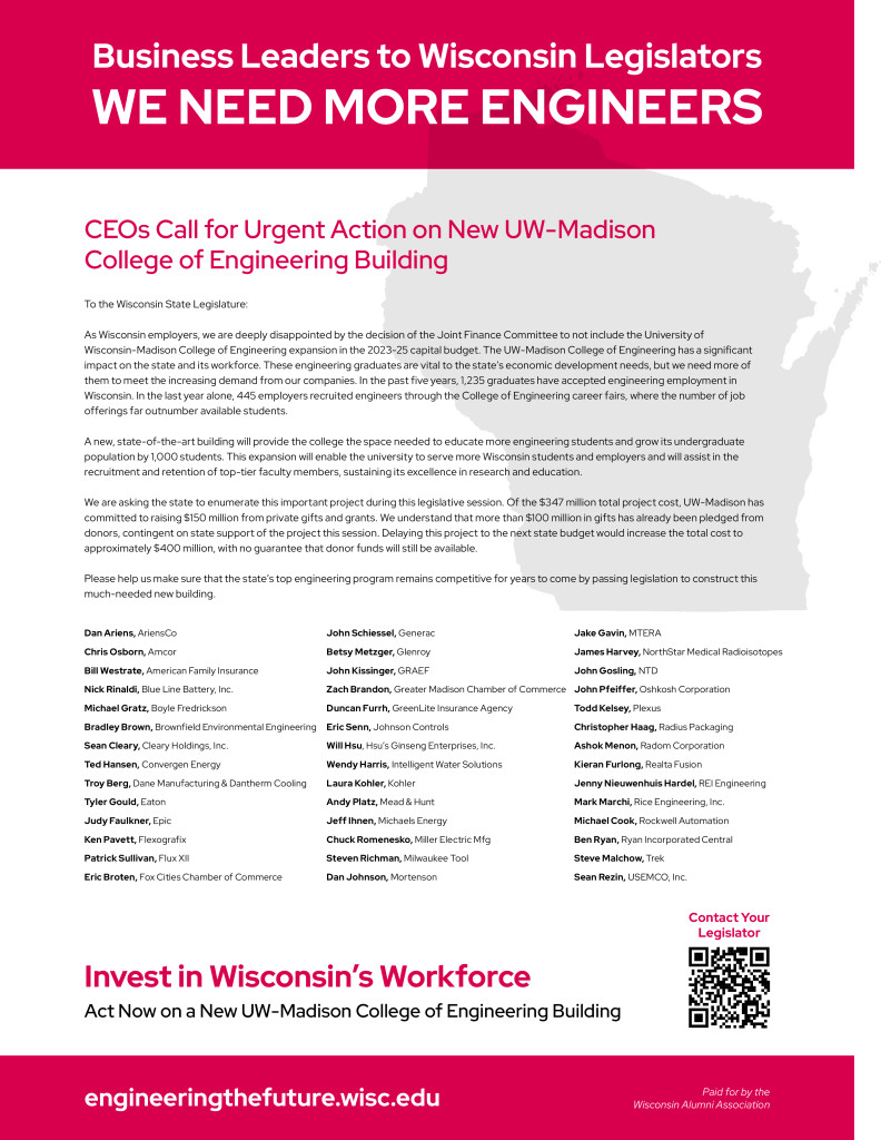 An image of a document showing signatures from 40 Wisconsin businesses giving their support to funding for a new College of Engineering building at UW–Madison.