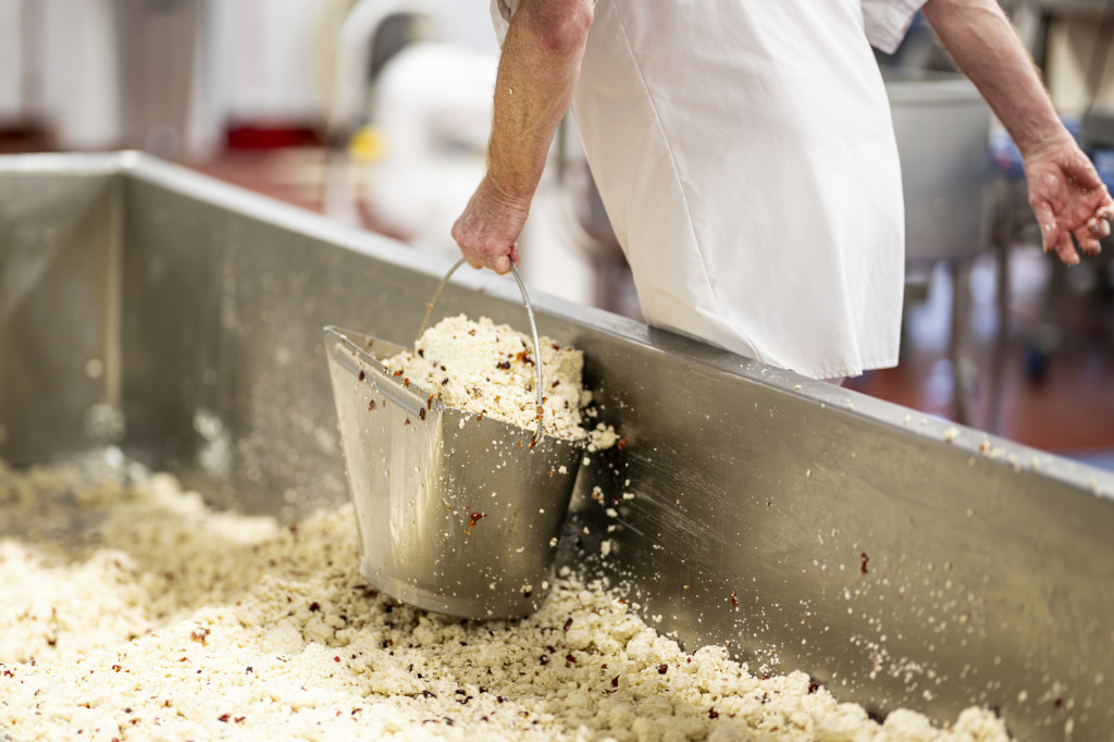 Jaeggi scoops up the curds and other ingredients to be pressed into cheese forms.