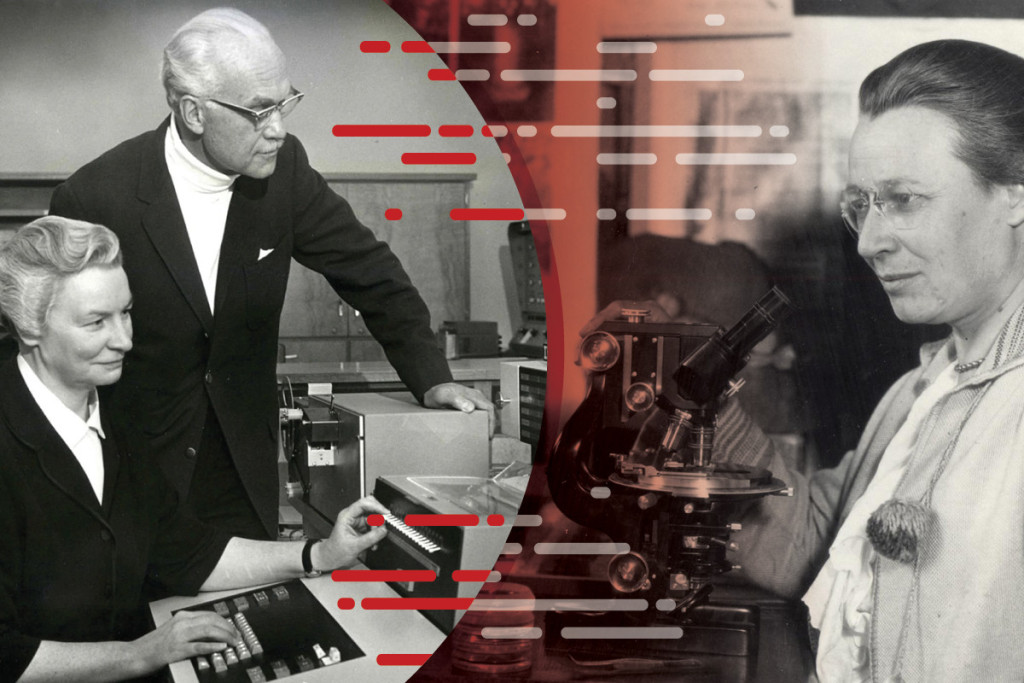 A collage of two black and white photos showing women scholars at work, one in a computer lab giving instruction to a man standing behind her and the other standing alone in front of a microscope.