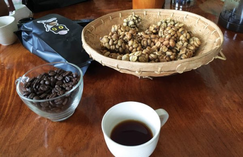 A bowl of roasted "post-civet" beans, a cup of a brewed civet coffee, and a basket of dried civet coffee beans arranged on a table. 