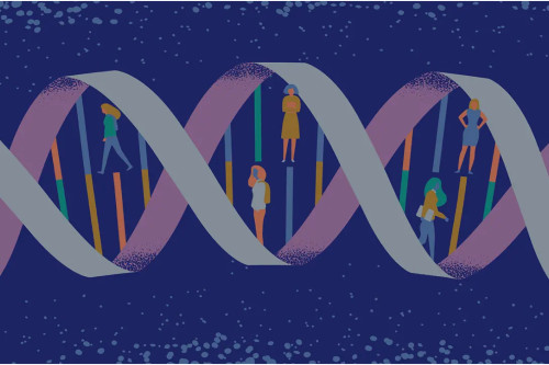 Illustration of gene sequence with figures of people within the structure