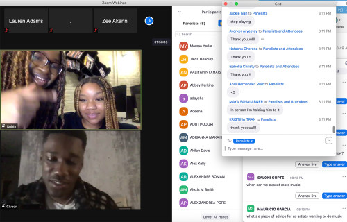 A screen grab of a Zoom call with video sharing and a chat window.