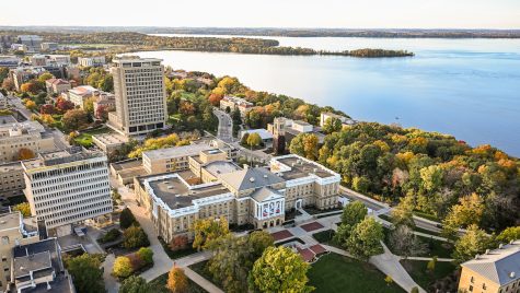 An aerial photo of campus showing Bascom Hall, Observatory Drive, Lake Mendota and more.