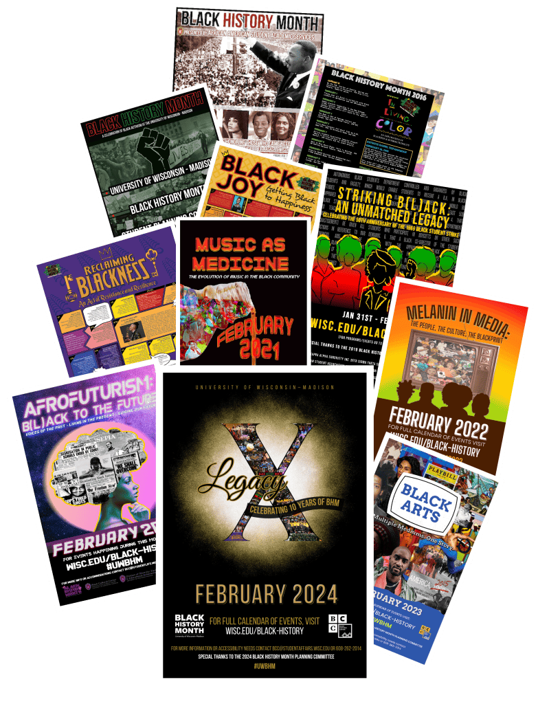 A collage of Black History Month event posters from 2014 through 2024