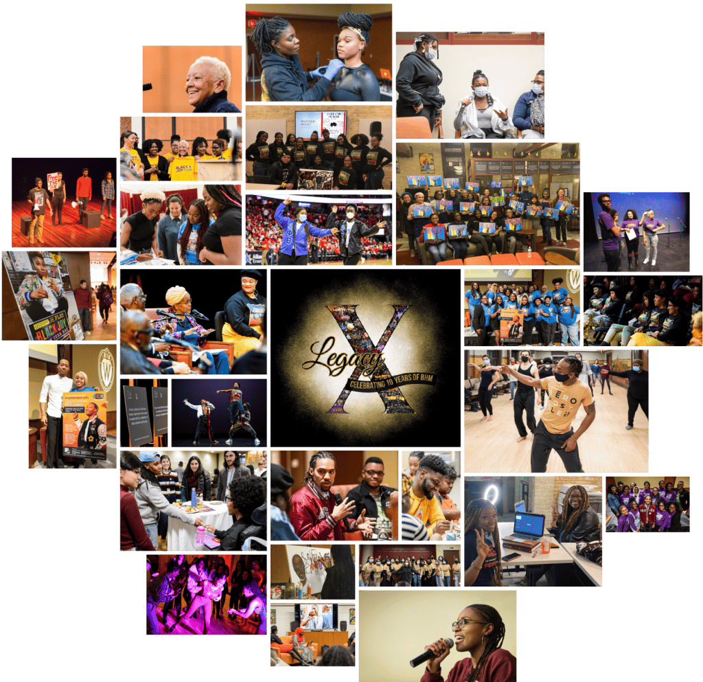 A collage of photos from past Black History Month celebrations. In the center is the decal for this year's theme, Legacy X: Celebrating 10 years of BHM.
