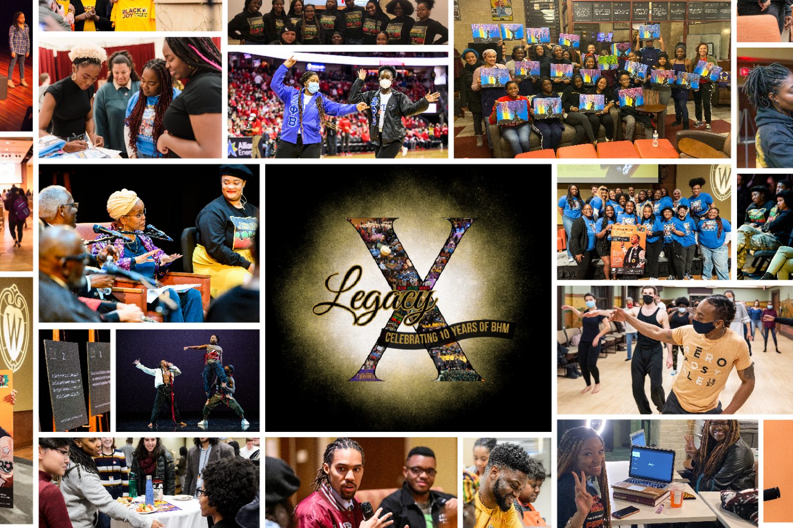 A collage of photos from past Black History Month celebrations. In the center is the decal for this year's theme, Legacy X: Celebrating 10 years of BHM.