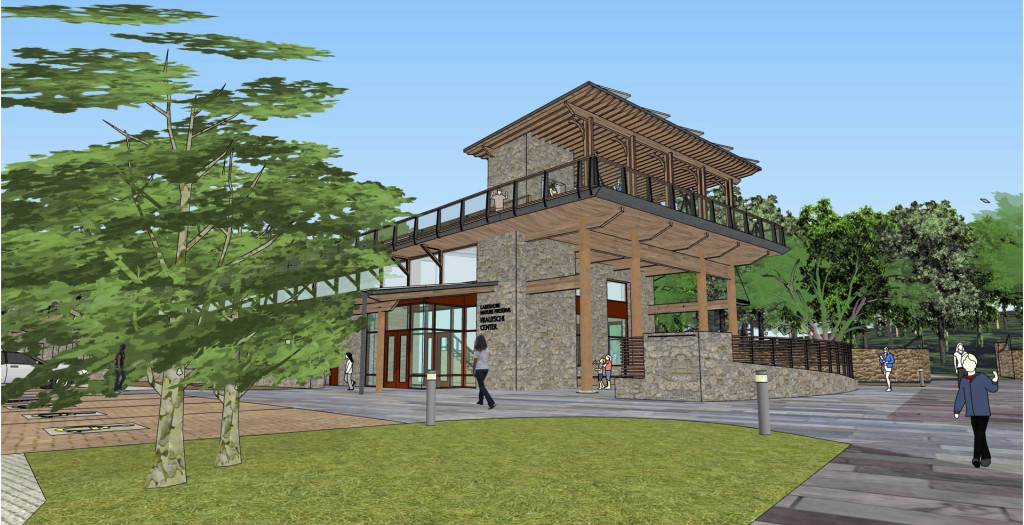 An illustration of a two-story stone and wood building set at the entrance to a hiking trail.
