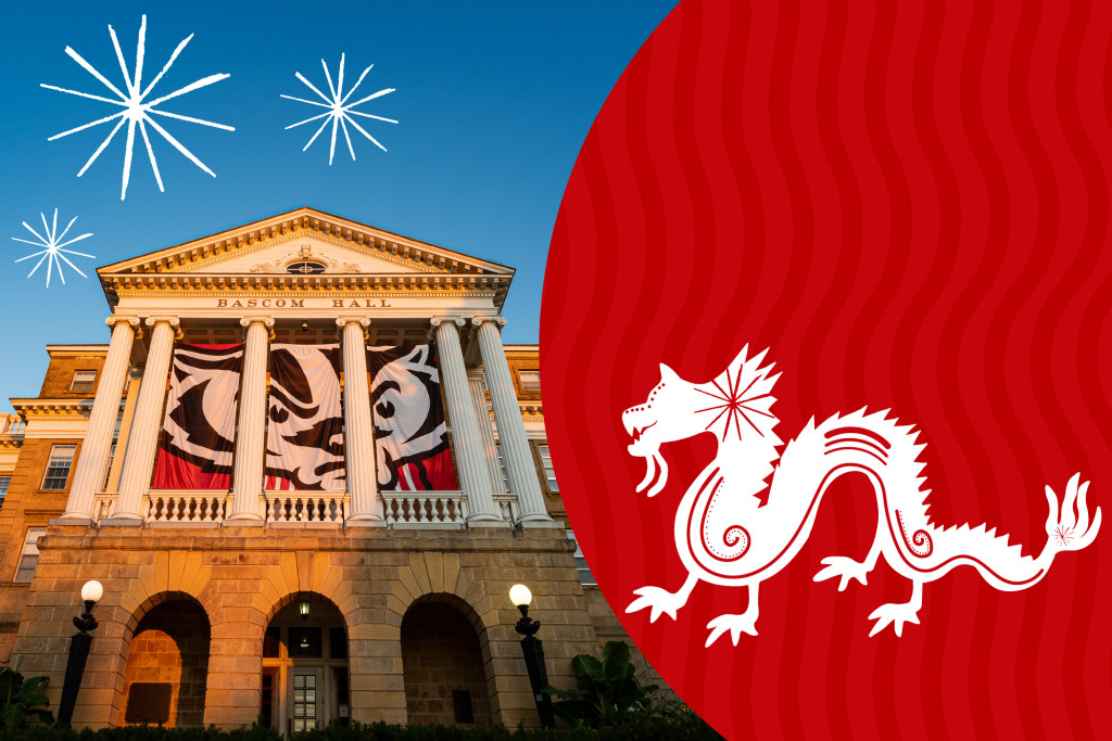 A photo of the front of Bascom Hall with graphic treatments - drawings of starbursts in the sky and a white dragon set against a Badger-red circle.