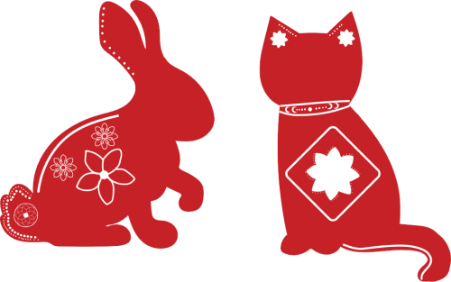 Red and white graphics of a rabbit and a cat