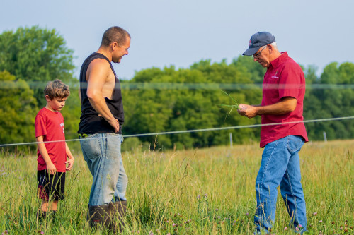 Two men talk, and a child listens. They're standing in a farm field.