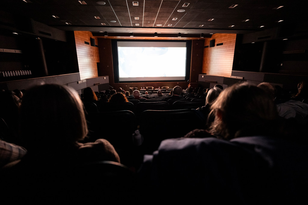 Taken from the pack of a movie cinema, the audience looks ahead to a bright movie screen.