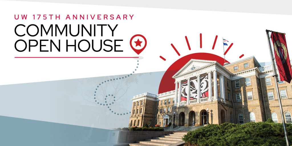 A photo illustration shows a cutout of Bascom Hall with an illustrated rising sun behind the building and a dotted line leading to a location pin next to the words 175th Anniversary Community Open House.