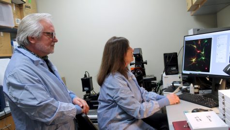 A man and a woman in blue lab coats look at an image on a screen in a laboratory.