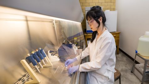 Photo of a woman in a lab coat working with lab equipment.