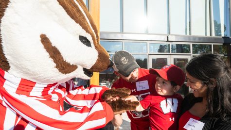 Jay Burmeister gets the opportunity to meet one of his idols, UW mascot Bucky Badger, during a University of Wisconsin–Madison 175th Celebration Event held in Appleton, WI on May 30, 2024. (Photo by Bryce Richter / UW–Madison)