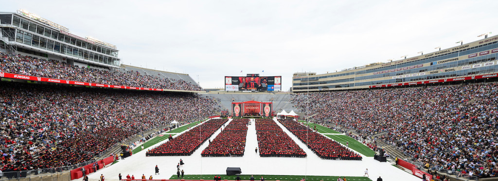 A stadium with a stage set up for commencement.