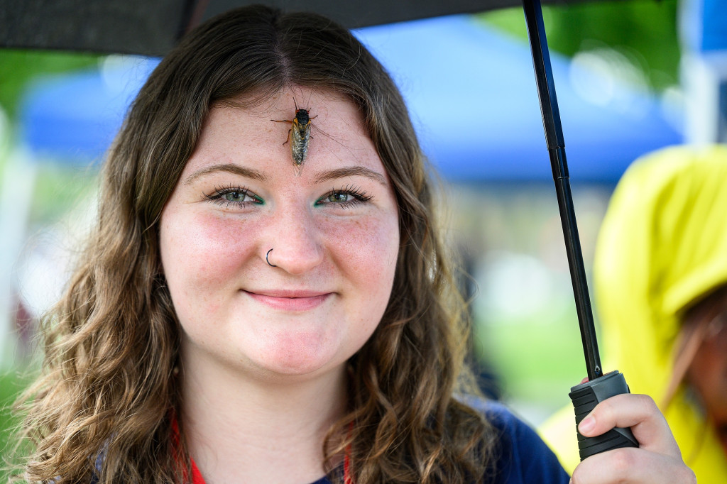 A woman smiles to the camera as a periodical cicada rests on her forehead.