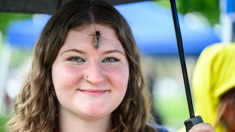 A woman smiles to the camera as a periodical cicada rests on her forehead.