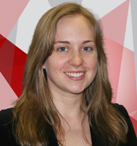 A headshot photo of Mallory Musolf against a red, white and gray background