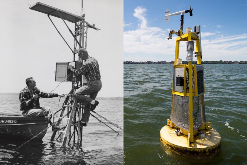 Two photos. At left, two men work on a buoy in a lake, one standing in a boat and one on the buoy. Right, a smaller buoy all alone.