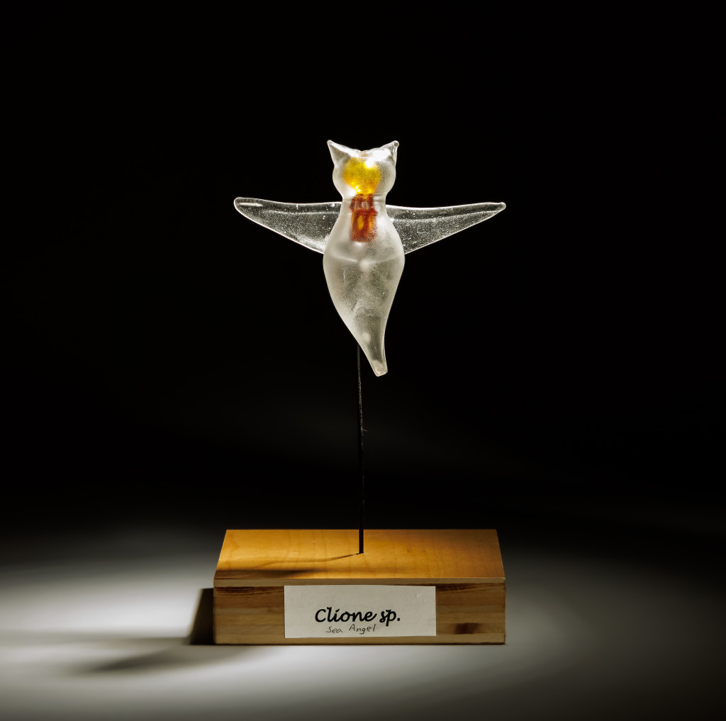 A glass model of an angel-like creature, attached to a stand.