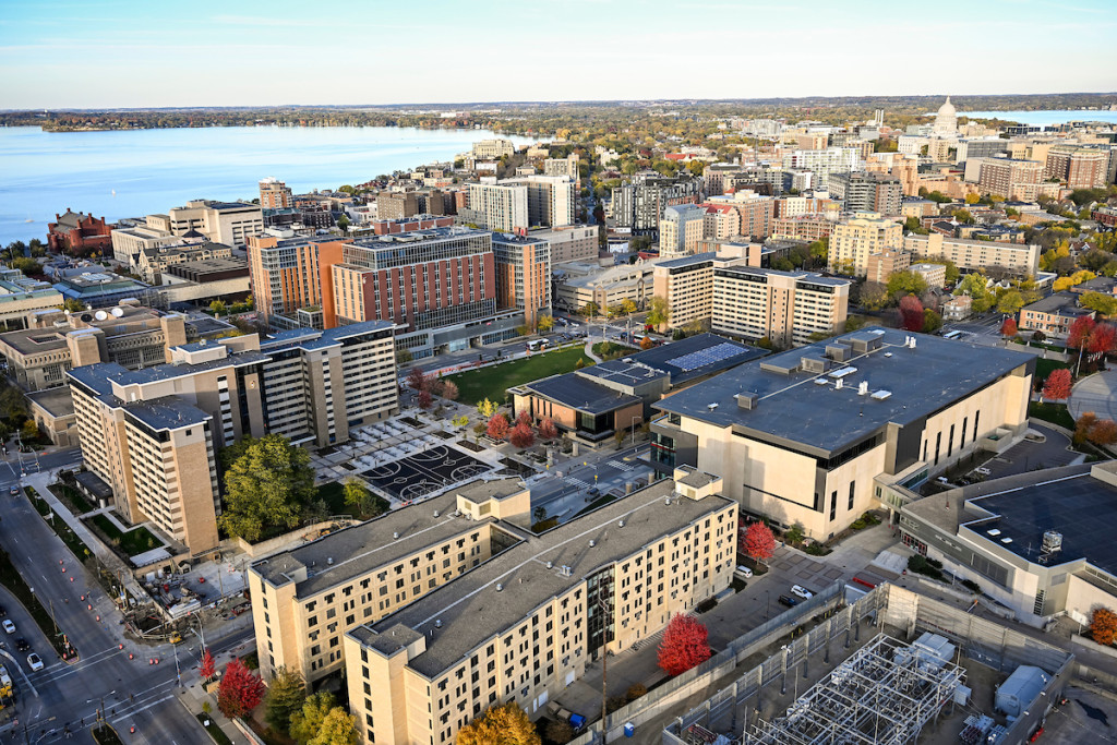 An aerial view of a number of buildings.